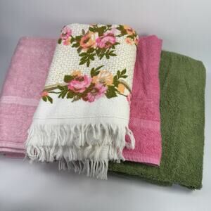 Set 4 Vintage Cannon Monticello Retro MCM Pink Green Bath Towel Set USA